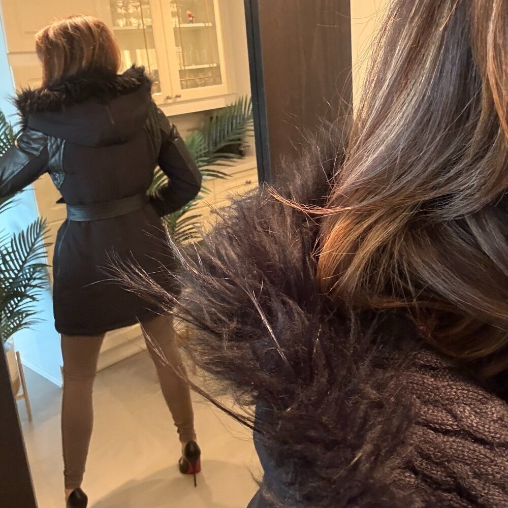 Black  Down Parka with Leather Details and Removable Fur, Rudsak, US M - Picture 3 of 14